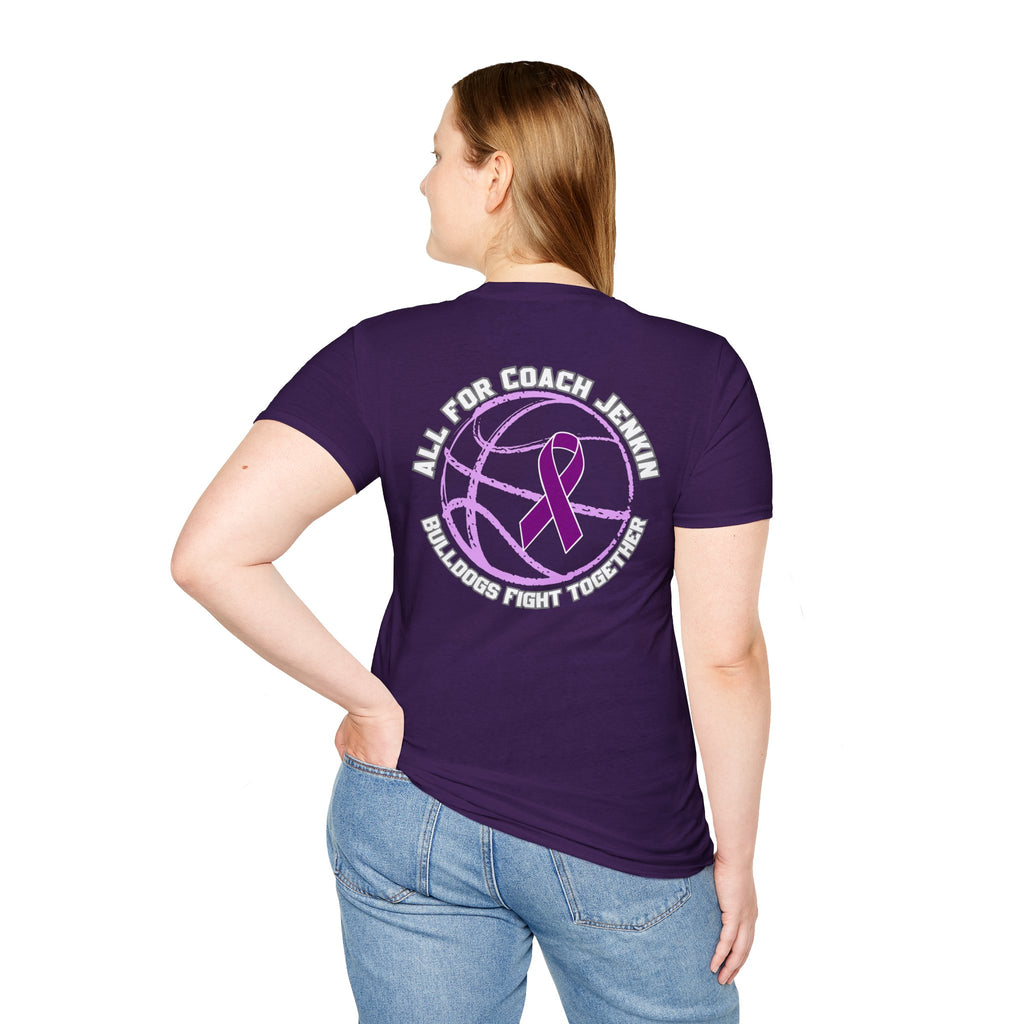 Coach Jenkin Support T-Shirt — "All For Coach Jenkin" Purple Basketball Ribbon