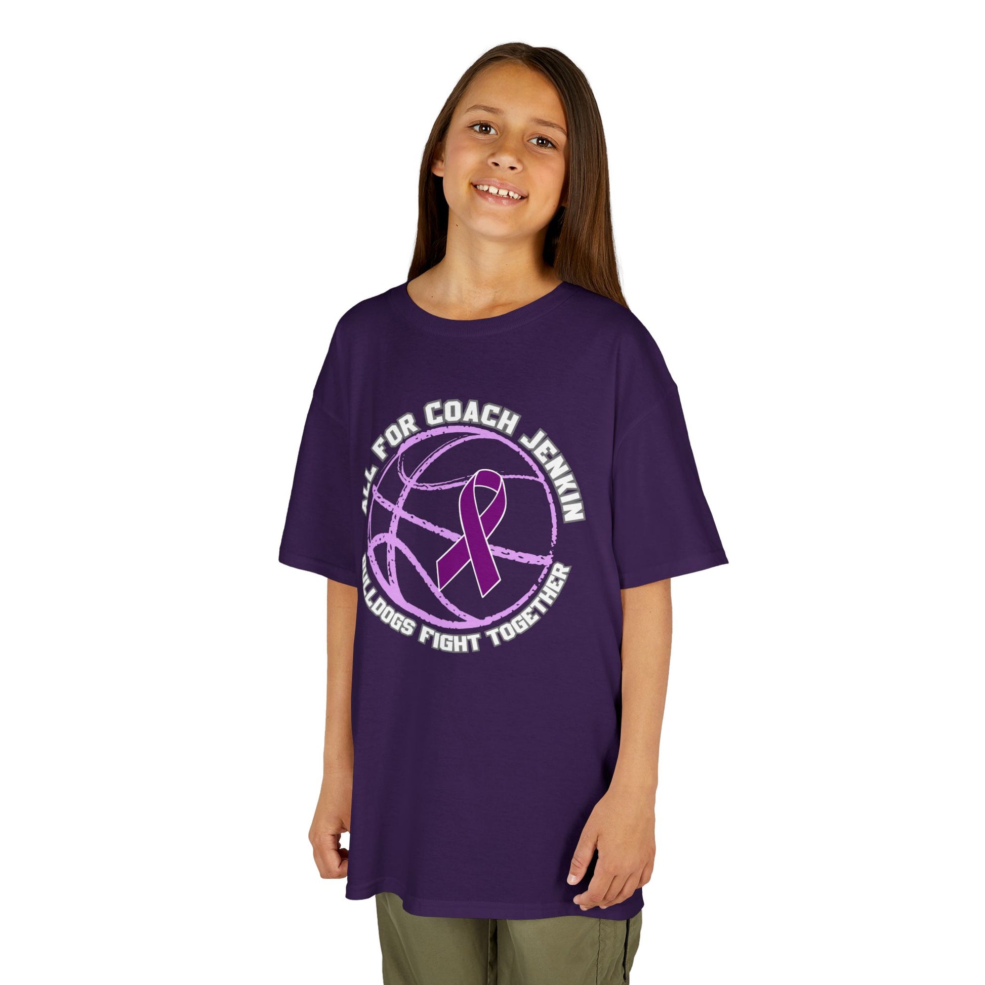 Kids Tee no Bulldog — "All For Coach Jenkin" Bulldogs Fight Together Youth Shirt (Purple)
