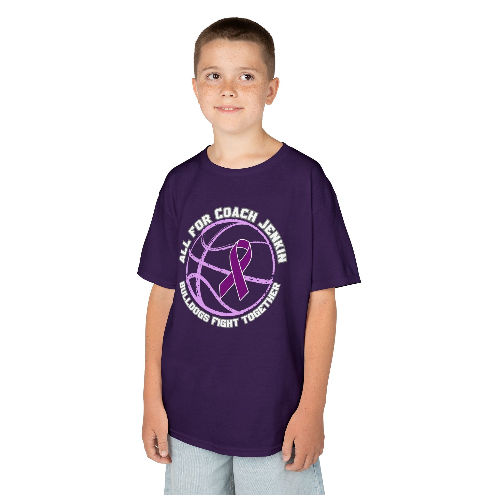 Kids Tee no Bulldog — "All For Coach Jenkin" Bulldogs Fight Together Youth Shirt (Purple)