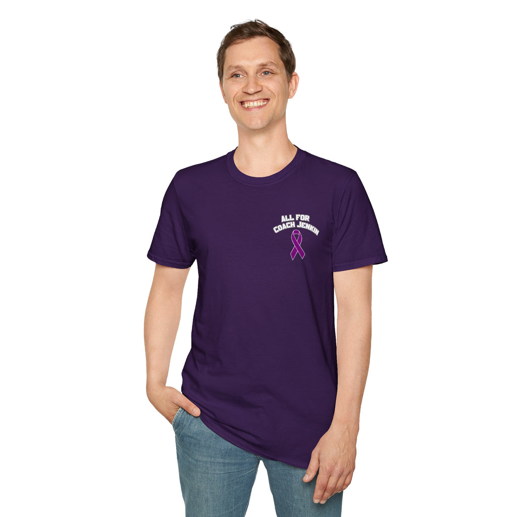 Coach Jenkin Support T-Shirt — "All For Coach Jenkin" Purple Basketball Ribbon