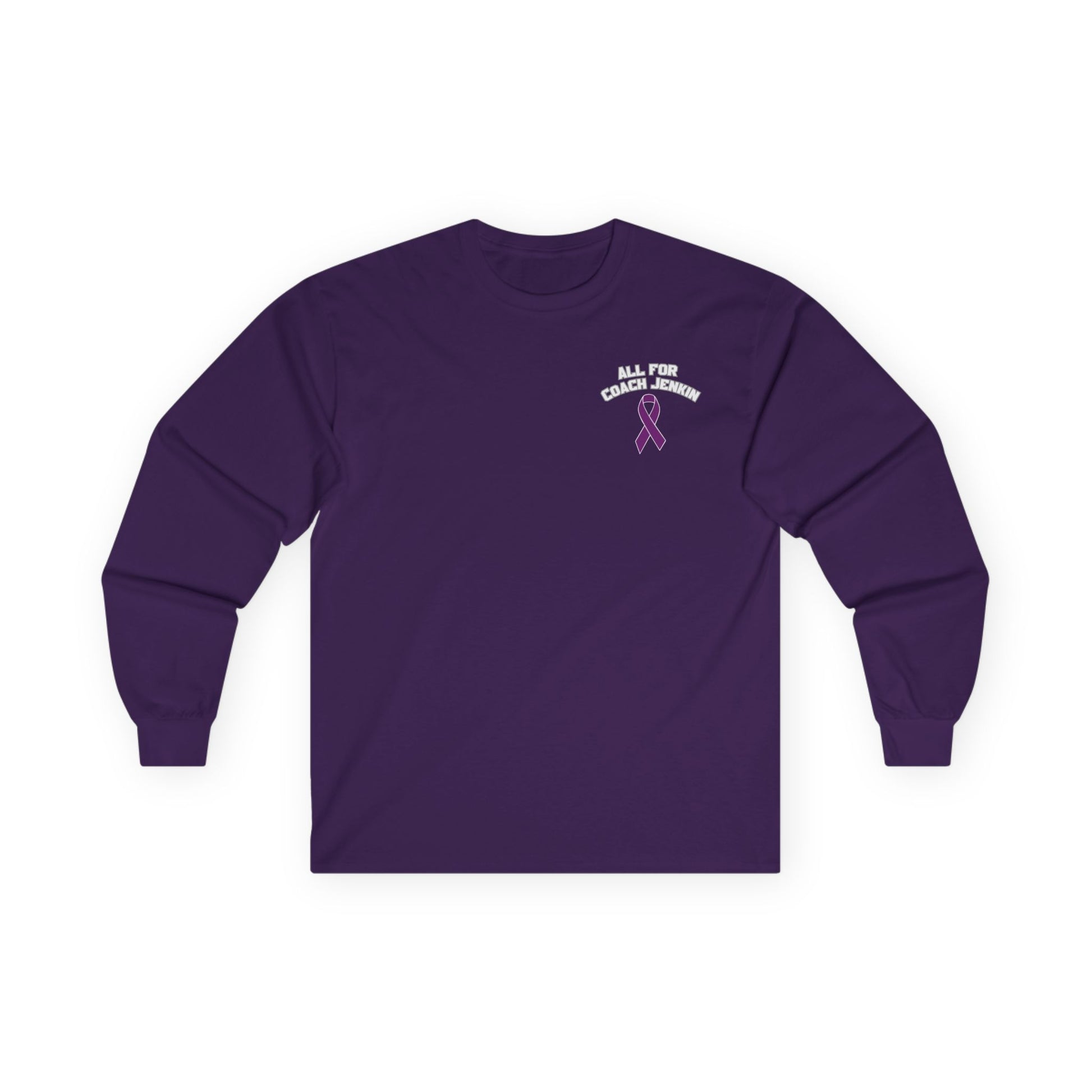 Long Sleeve Tee — "All For Coach Jenkin" Purple Ribbon Basketball Support (Bulldogs Fight Together)
