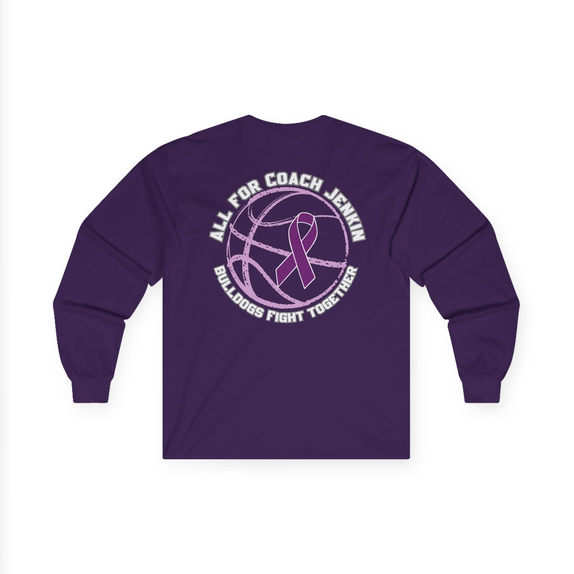 Long Sleeve Tee — "All For Coach Jenkin" Purple Ribbon Basketball Support (Bulldogs Fight Together)