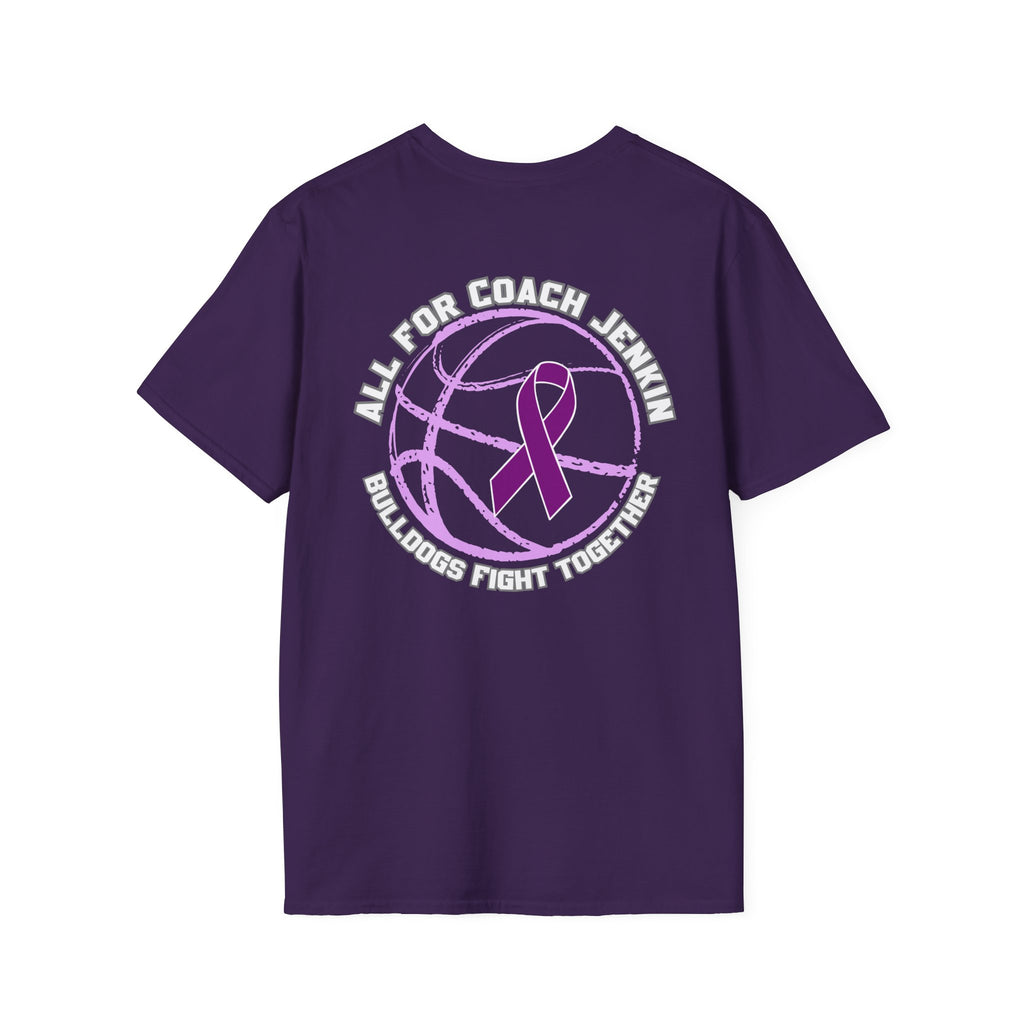 Coach Jenkin Support T-Shirt — "All For Coach Jenkin" Purple Basketball Ribbon