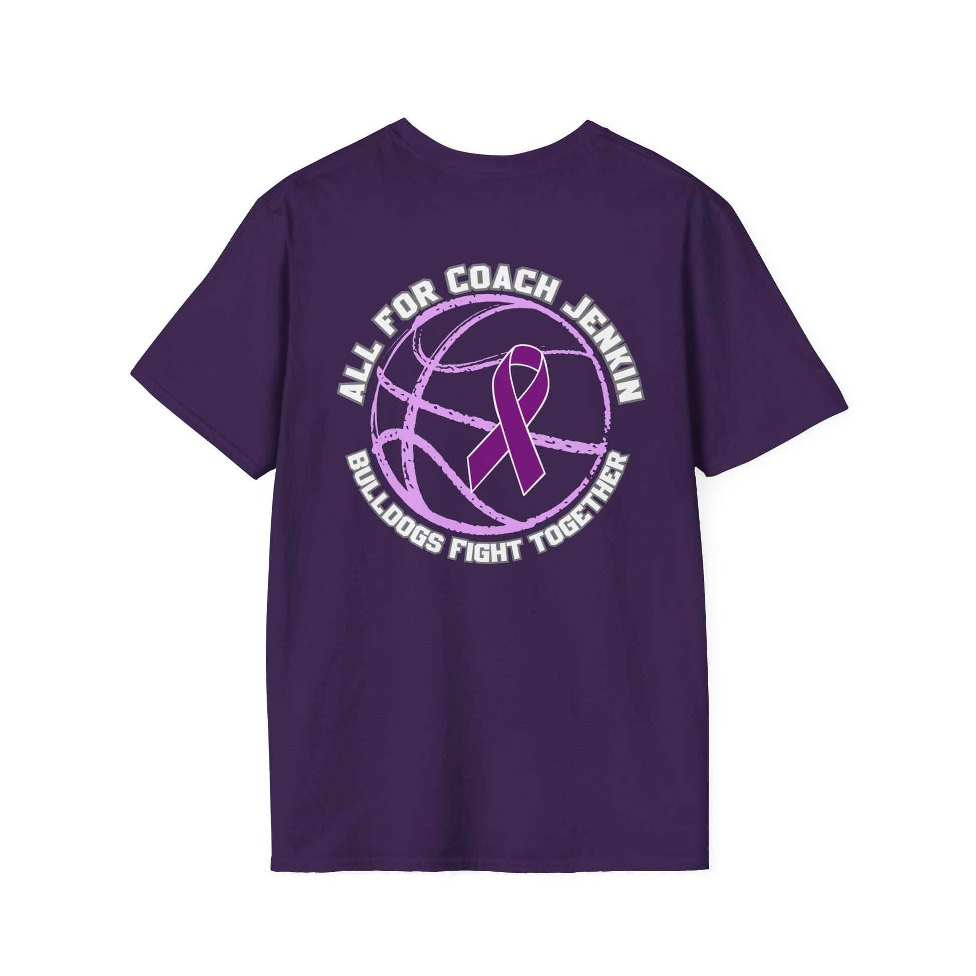 Coach Jenkin Support T-Shirt — "All For Coach Jenkin" Purple Basketball Ribbon