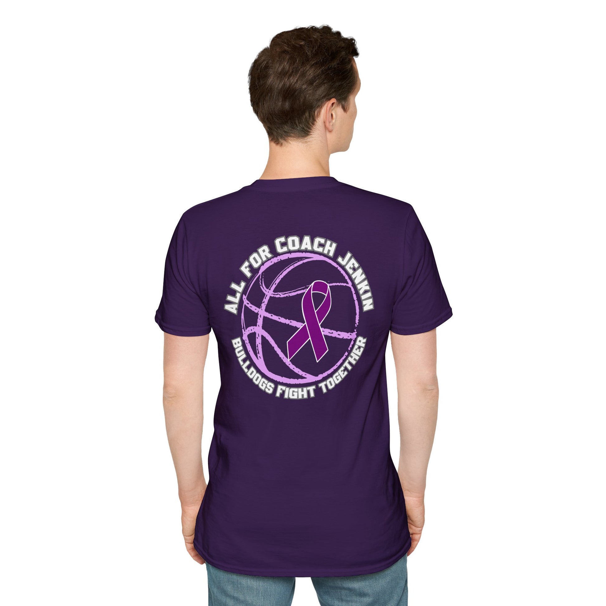 Coach Jenkin Support T-Shirt — "All For Coach Jenkin" Purple Basketball Ribbon