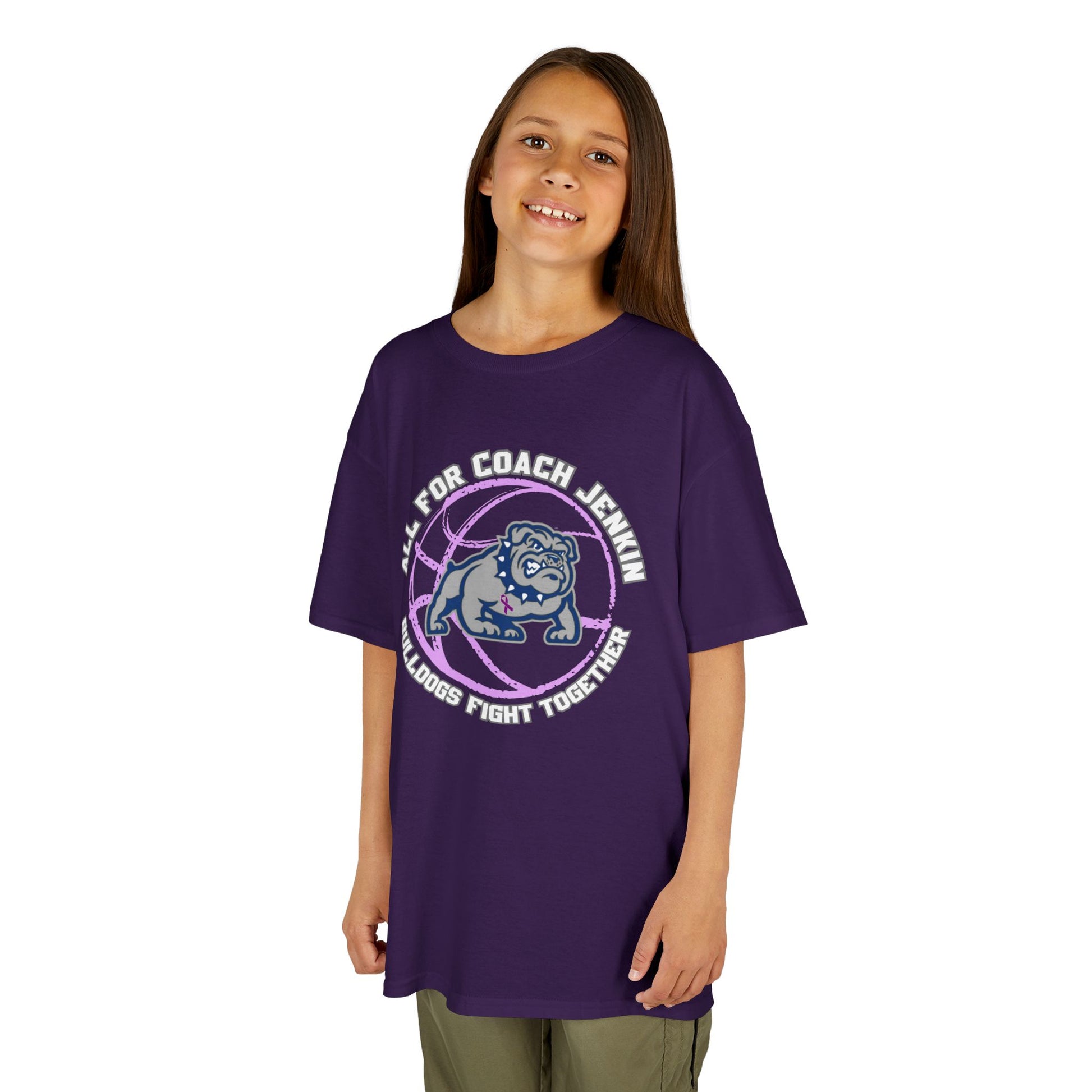 Kids Tee — "All For Coach Jenkin" Bulldogs Fight Together Youth Shirt (Purple)