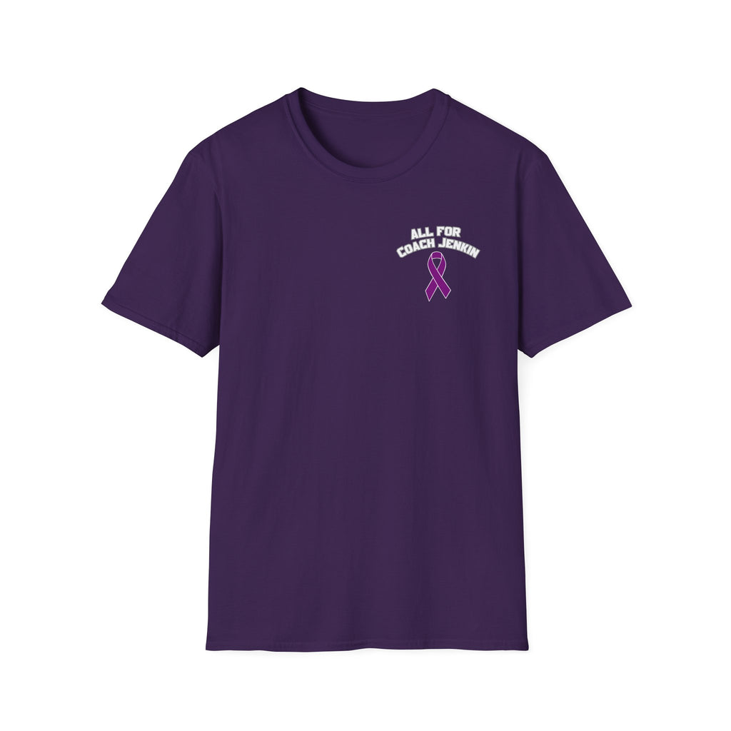 Coach Jenkin Support T-Shirt — "All For Coach Jenkin" Purple Basketball Ribbon