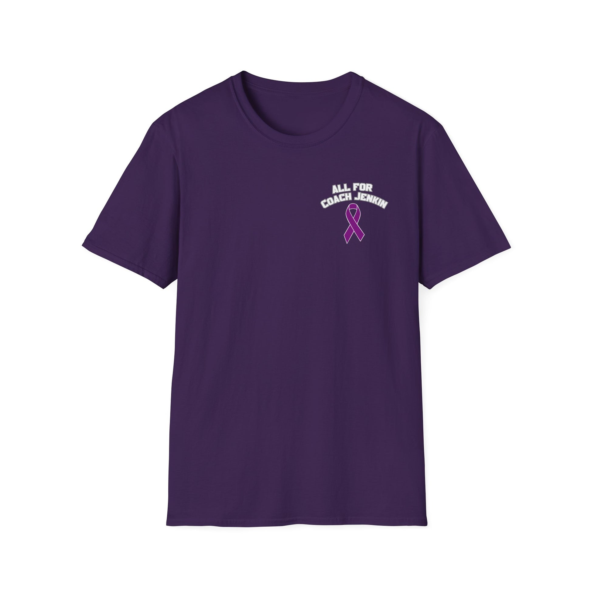 Coach Jenkin Support T-Shirt — "All For Coach Jenkin" Purple Basketball Ribbon